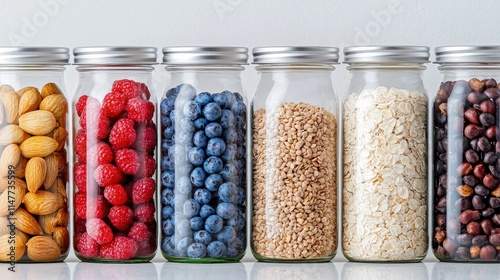 Six glass jars filled with various healthy foods like almonds, raspberries, blueberries, wheat, rice, and hazelnuts. photo