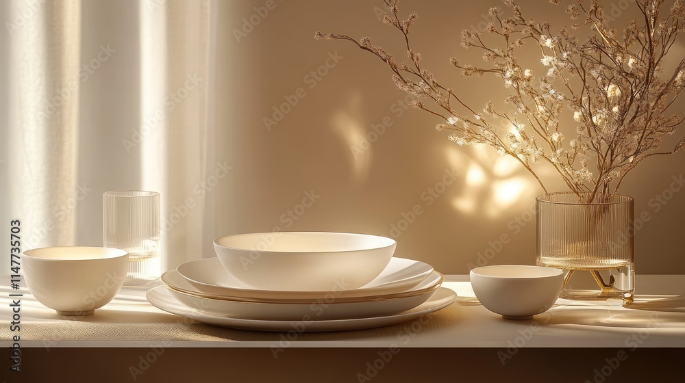A modern table arrangement with elegant white dinnerware and gold touches, set against a warm, festive background illuminated by soft lighting. A modern table arrangement with elegant white dinnerware and gold touches, set against a warm, festive background illuminated by soft lighting.