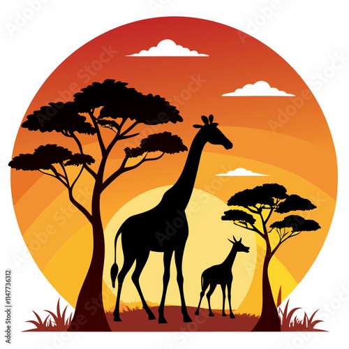 Silhouette of Giraffes in a Savannah at Sunset