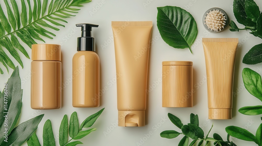 A collection of eco-friendly cosmetic containers surrounded by green foliage. A collection of eco-friendly cosmetic containers surrounded by green foliage.