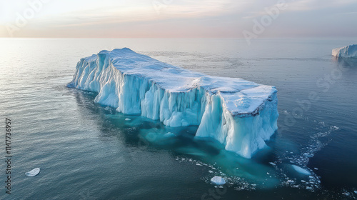 Arctic iceberg floating in a calm ocean at sunset