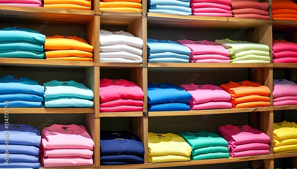 Colorful blank t-shirt mockup display in retail store fashion photography vibrant environment eye-level viewpoint for creative designers Colorful blank t-shirt mockup display in retail store fashion photography vibrant environment eye-level viewpoint for creative designers