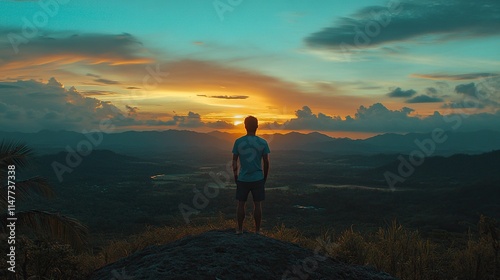 Man on a mountain peak, watching the sunset, with his back to the camera, the sky is orange and blue, symbolizing freedom, success in business and personal life, ideal for book covers or posters. photo