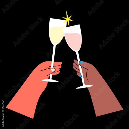 Two hands toasting with Champagne Glasses. Flat vector Illustration.