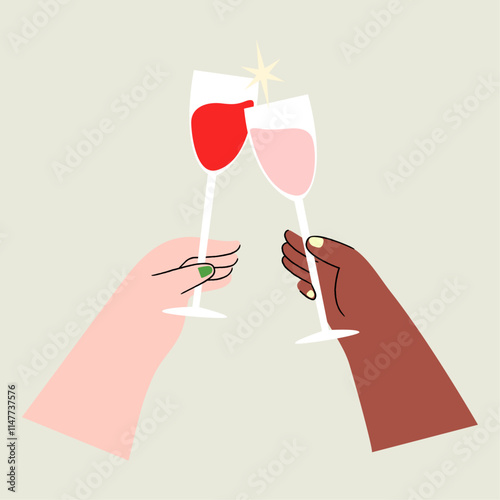 Two hands toasting with Champagne Glasses. Flat vector Illustration.