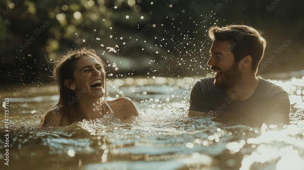 Obraz premium A couple laughing as they splash water at each other in a shallow river, with shimmering reflections in the background