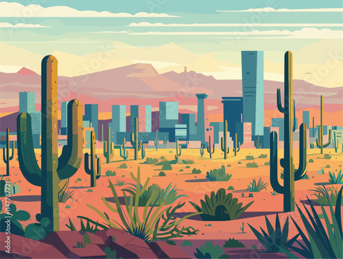 Futuristic Desert Metropolis: Urban Expansion in an Arid Landscape, Embracing a Symbiosis of Nature and Infrastructure