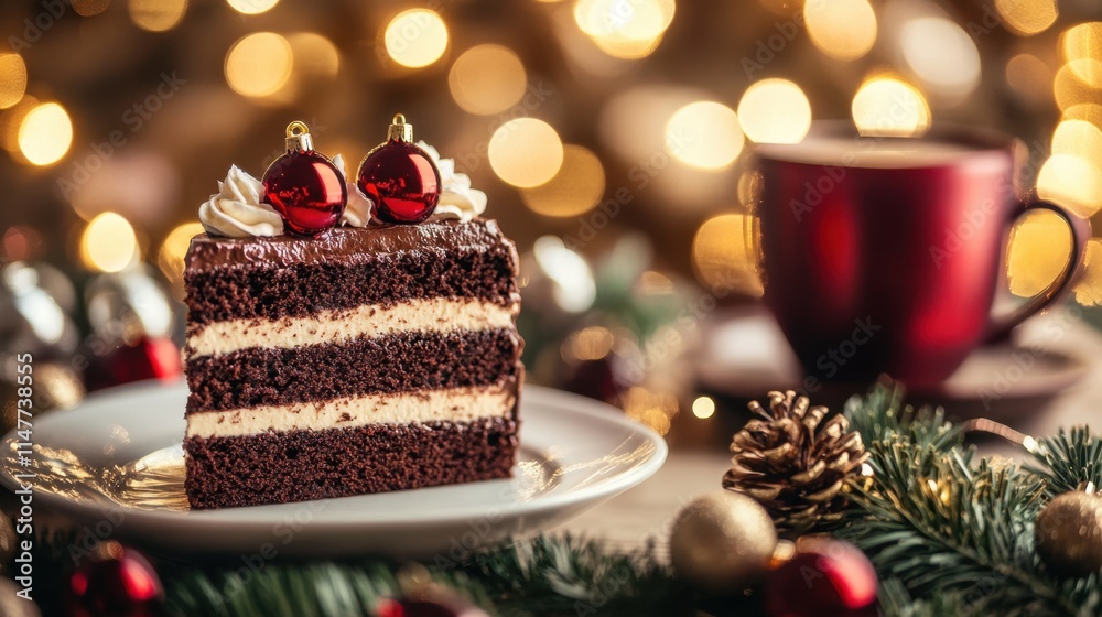 Christmas Chocolate Cake with Decorations and Cozy Background Christmas Chocolate Cake with Decorations and Cozy Background