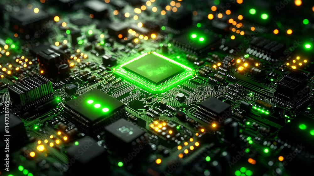 Obraz premium Green glowing CPU on circuit board.