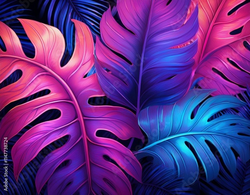 Generated image Purple blue and pink neon exotic tropical plant leaves background. Violet fluorescent monstera