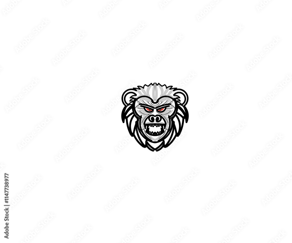 Illustration design of a red-eyed, fanged monkey head full of anger
