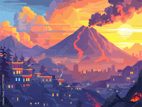 Volcanic Cities: A Collection of Vibrant and Animated Landscapes Depicting Urban Centers Built on or Near Active Volcanoes