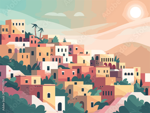 Tranquil Terraced Town: A Breathtaking Panorama of Cascading Architecture