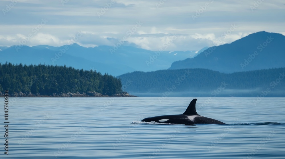 Fototapeta premium Orca swimming in calm ocean water near mountains