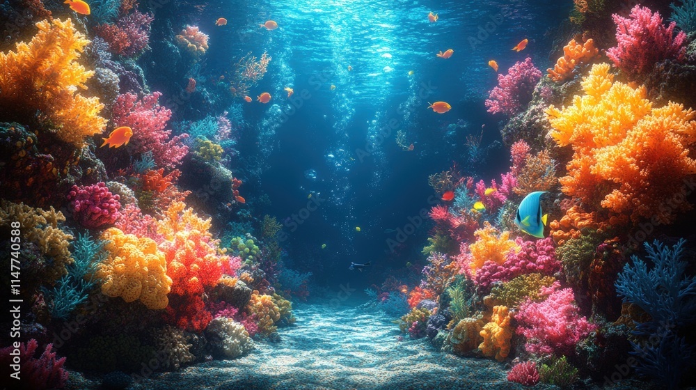 Fototapeta premium Vibrant coral reef, colorful fish, underwater scene.