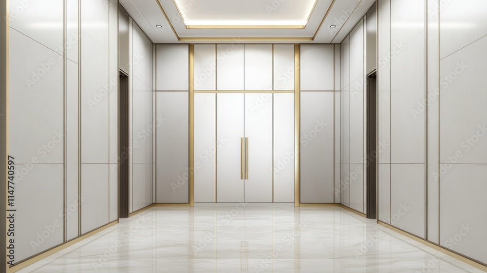 Fototapeta premium Modern luxury hallway with elevator and marble floor.