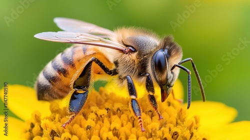 Macro shot of a honeybee on a bright flower, with fine detail in the wings and pollen Honeybee macro, Natures beauty photo