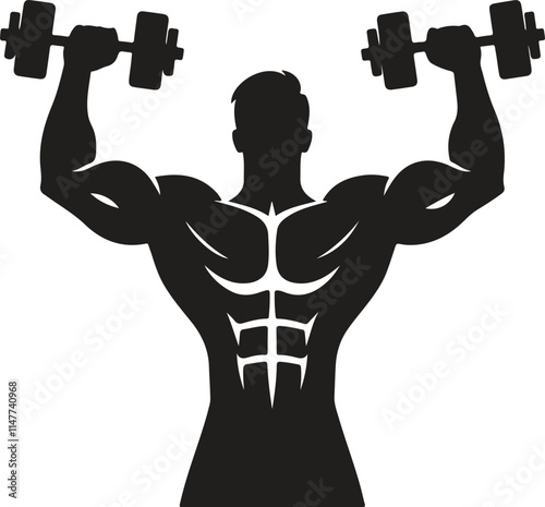 Powerful Silhouette Bodybuilder Lifting Dumbbells Overhead