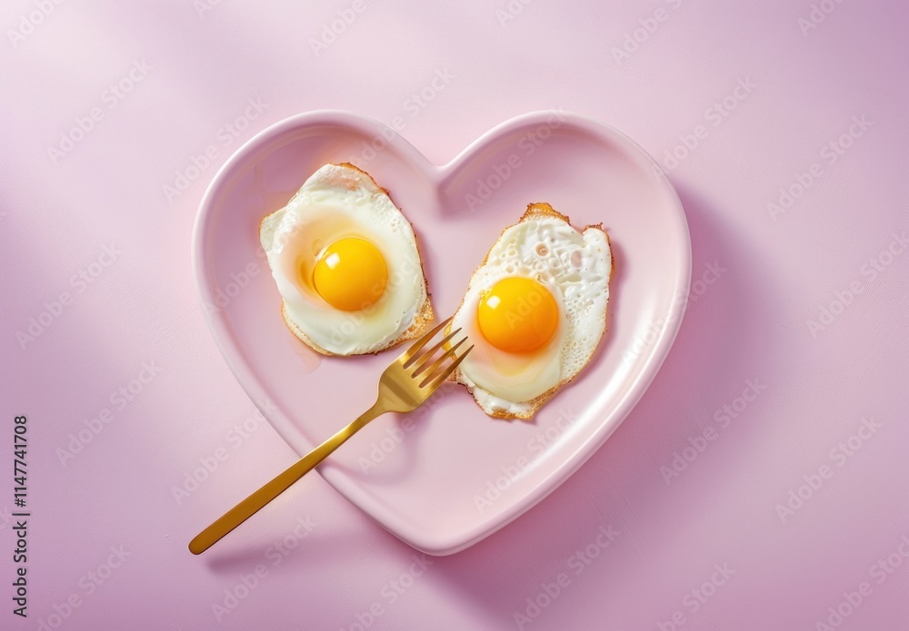 fried eggs on a heart shaped pink plate with a golden fork, bright and cheerful breakfast concept for lovers, food art, romantic brunch idea, soft and appealing colors fried eggs on a heart shaped pink plate with a golden fork, bright and cheerful breakfast concept for lovers, food art, romantic brunch idea, soft and appealing colors