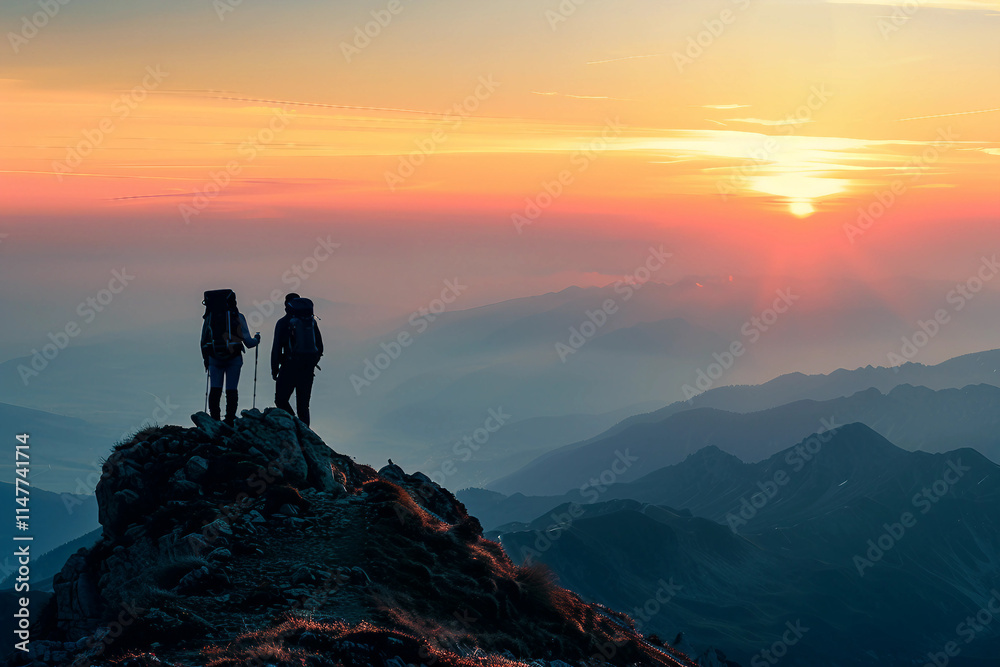 Fototapeta premium Hikers with backpacks enjoying sunset scenery generative ai image