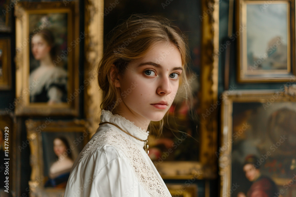 Generative AI Artwork of a Person Observing Paintings in an Art Gallery for Study and Excursion Generative AI Artwork of a Person Observing Paintings in an Art Gallery for Study and Excursion