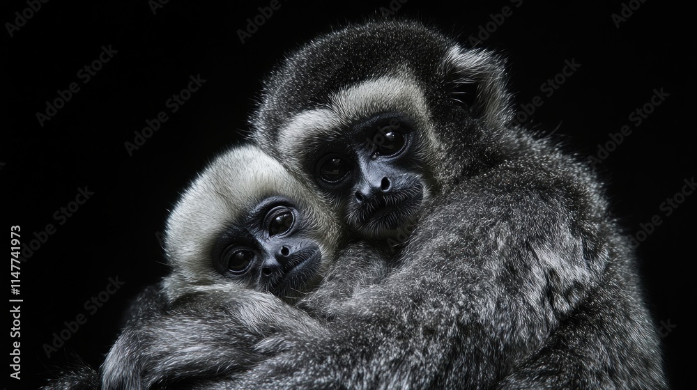 Fototapeta premium Two Silver Gibbon Monkeys Embracing Tenderly