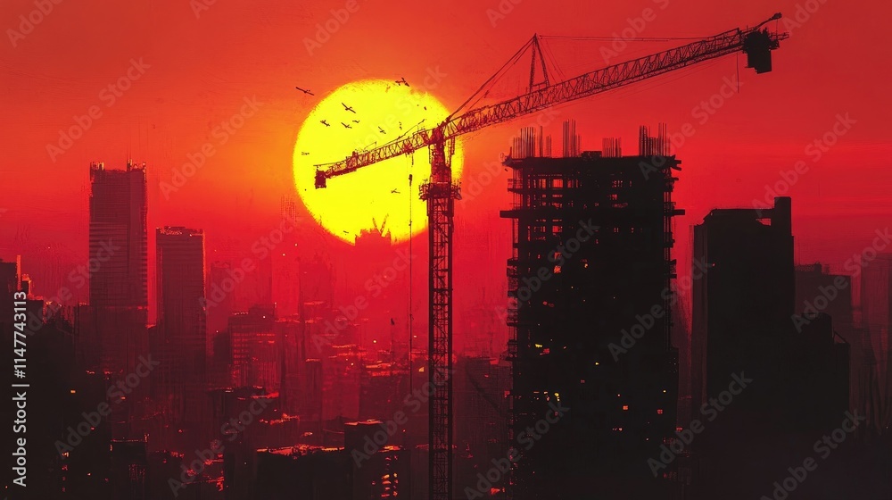 A towering crane silhouetted against a vibrant sunset, with construction sites and skyscrapers in the foreground, reflecting the energy of progress A towering crane silhouetted against a vibrant sunset, with construction sites and skyscrapers in the foreground, reflecting the energy of progress