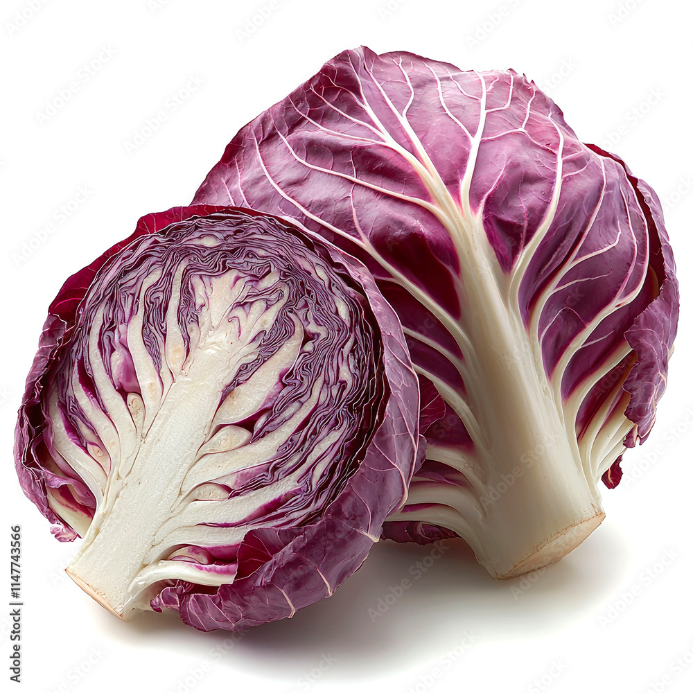 Obraz premium Radicchio halved and whole head, vibrant red and white leaves.