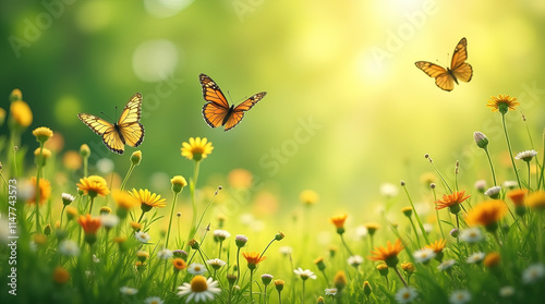 Fototapeta Naklejka Na Ścianę i Meble -  Banner, wall art, abstract natural background with butterflies and green grass and wild flowers in the meadow