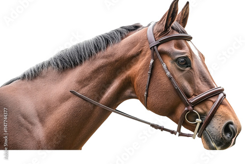 brown horse headshot with leather bridle on white background photo