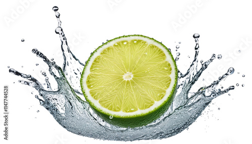 PNG of Fresh lemon slice creating a splash in clear water on transparent background.