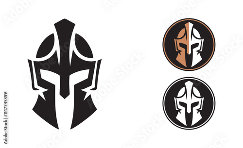 A silhouette of a spartan helmet On white background. Design of spartan helmet logo in black, white & bronze.