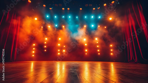 Stage Lights with Red Curtains and Smoke Illustration