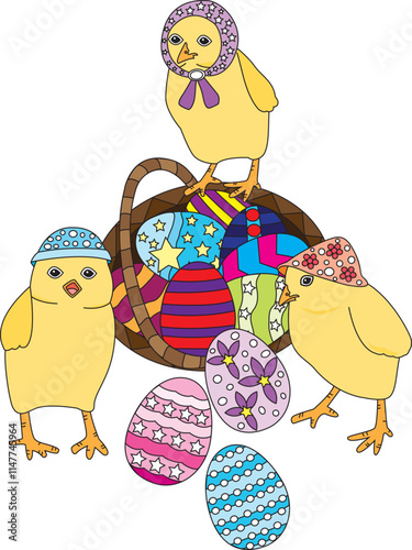 Three Chicks With Easter Basket Vector