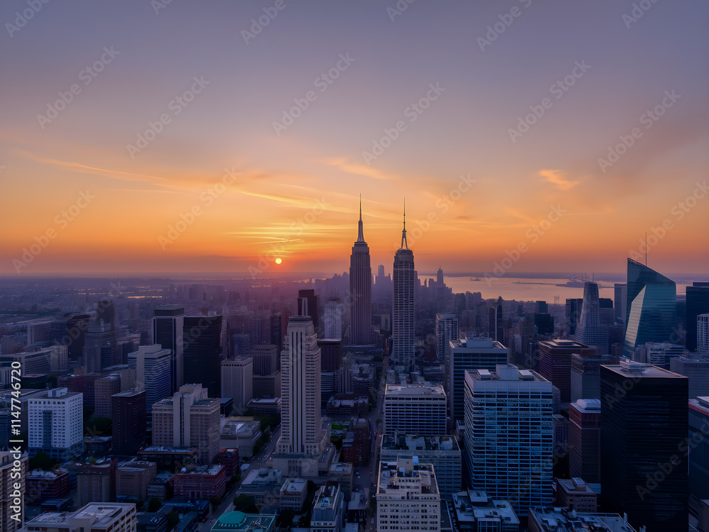 Fototapeta premium skyline at sunset showcases new skyscrapers and urban architecture