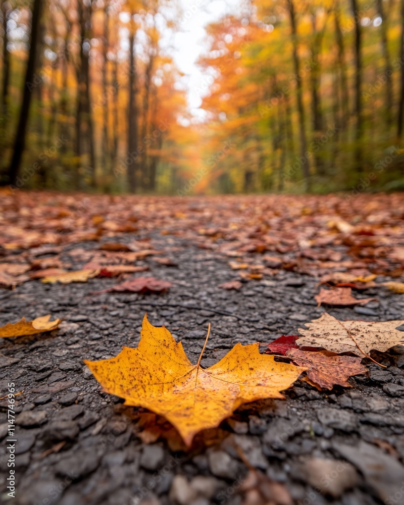 Autumn leaves on a path in a vibrant forest. Autumn leaves on a path in a vibrant forest.