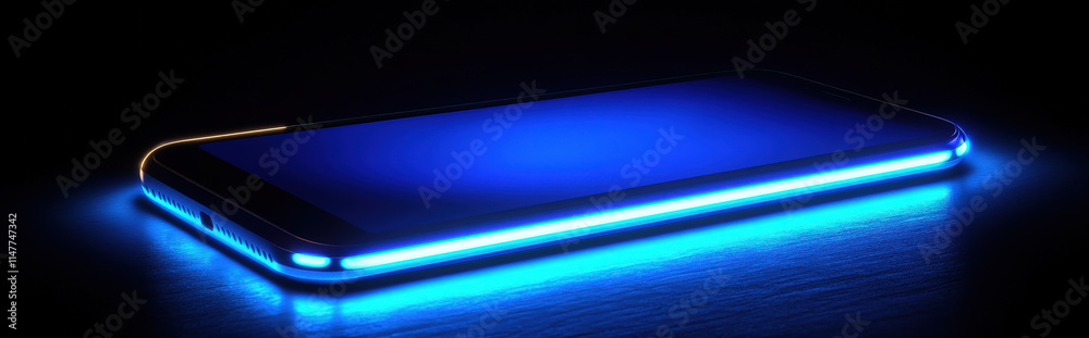 A smartphone with a glowing screen in a dark room, soft blue light illuminating the surface, sleek and futuristic design, minimalist A smartphone with a glowing screen in a dark room, soft blue light illuminating the surface, sleek and futuristic design, minimalist