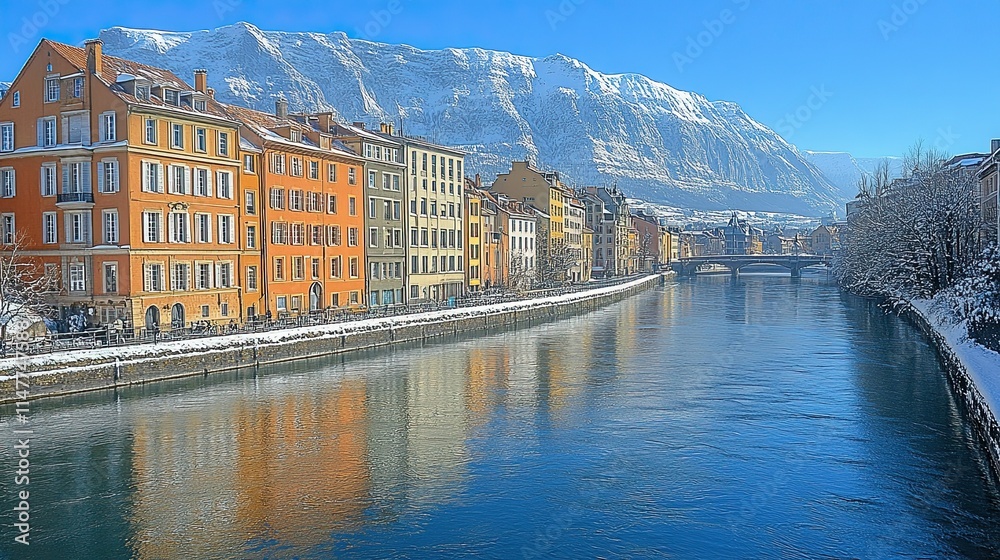 Naklejka premium Colorful buildings line a river reflecting snow-capped mountains under a clear blue sky.