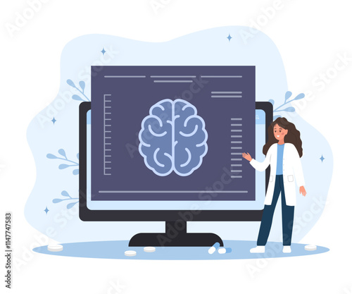 Neurologist concept. Woman in medical uniform study brain diseases. Anatomy and biology. Vector illustration in flat cartoon style.