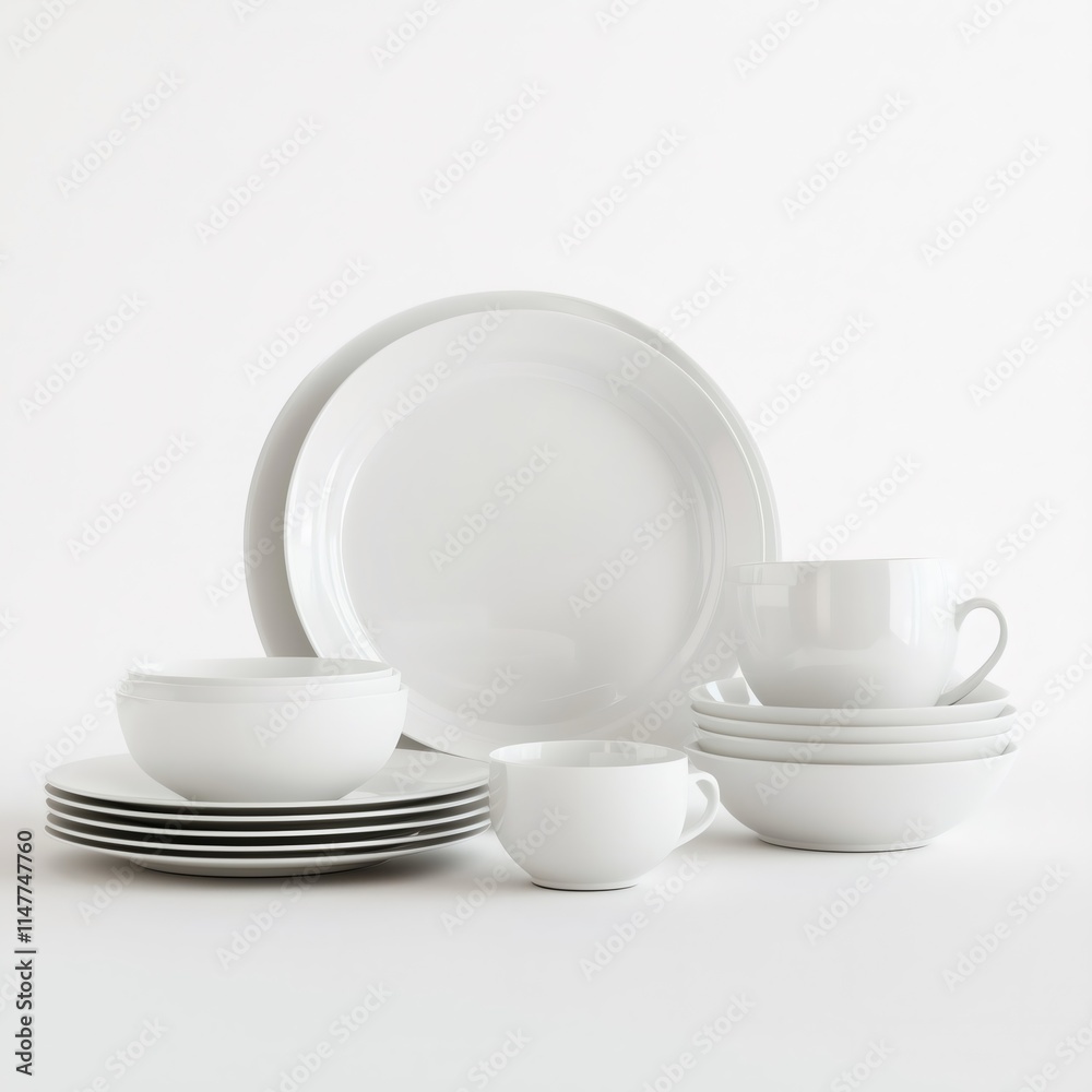Collection of white dinnerware stacked for display in a minimalist setup showcasing modern tableware design. Generative AI Collection of white dinnerware stacked for display in a minimalist setup showcasing modern tableware design. Generative AI