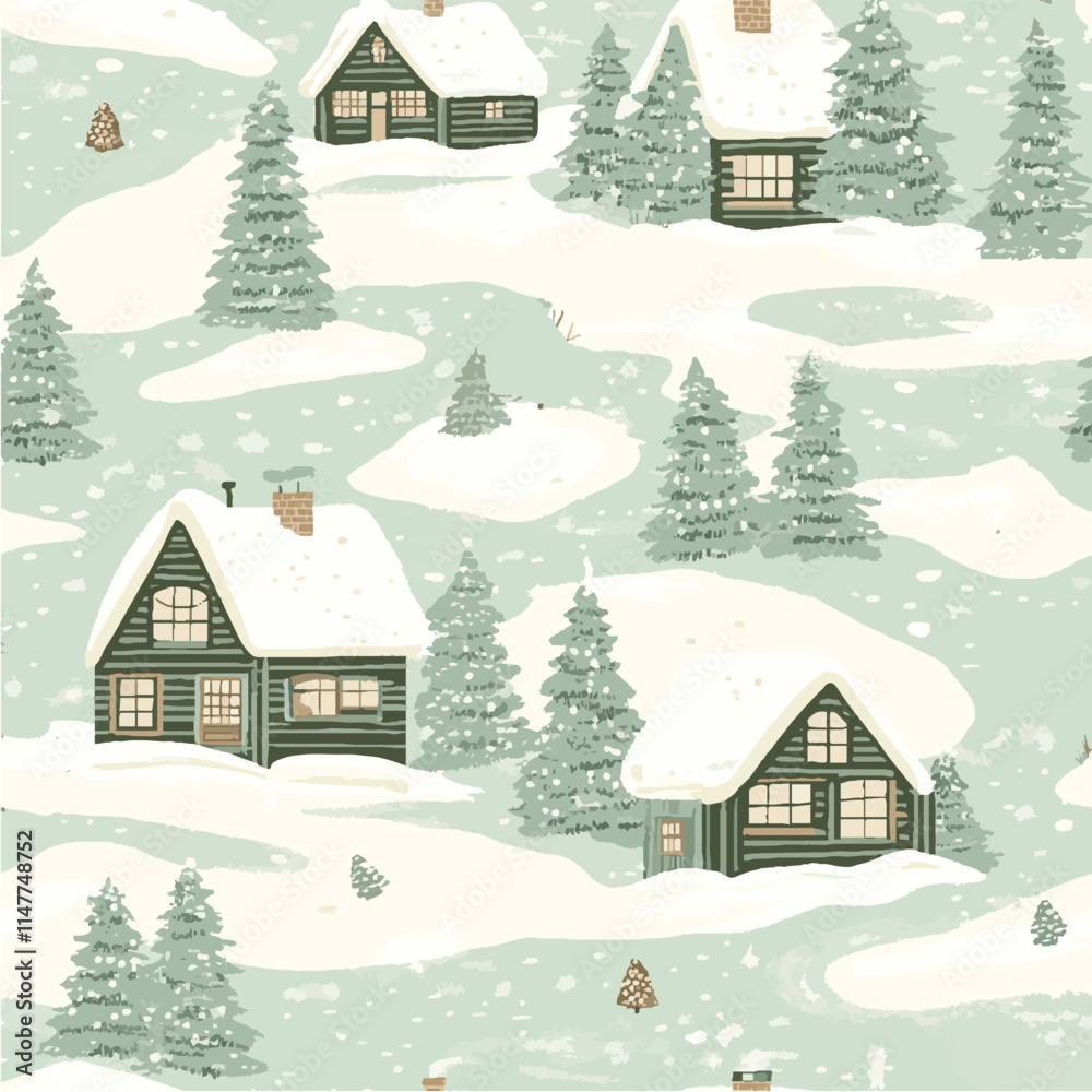 Fototapeta premium Seamless Christmas winter pattern showcasing cozy cabins