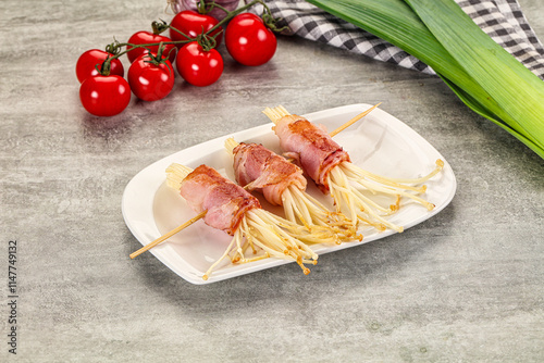 Grilled enoki mushroom with bacon photo