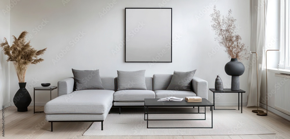Minimalistic living room with grey furniture and a blank poster for display. Minimalistic living room with grey furniture and a blank poster for display.