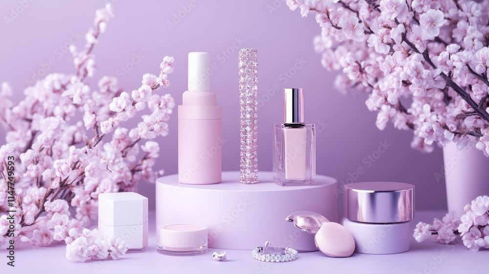 Glamorous cosmetics and sparkling jewelry placed elegantly with delicate flowers on pastel purple displays, radiating luxury and refinement. Glamorous cosmetics and sparkling jewelry placed elegantly with delicate flowers on pastel purple displays, radiating luxury and refinement.