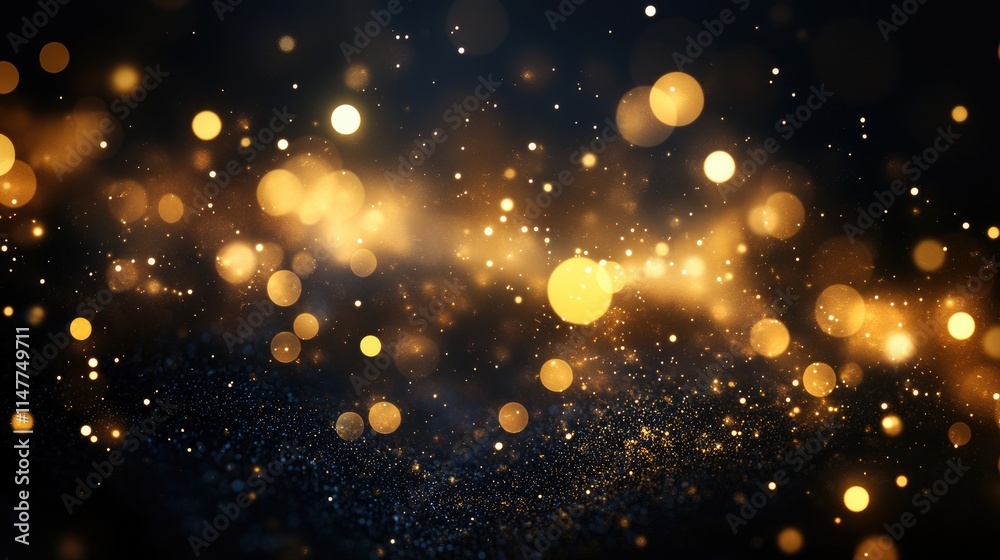 Glowing golden falling stars create bright trails of light across a deep black background, with soft bokeh circles adding to the magical ambiance.