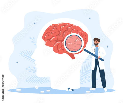 Neurologist concept. Man in medical uniform with magnifying glass analyzes internal organ. Research scientist. Vector illustration in flat cartoon style.