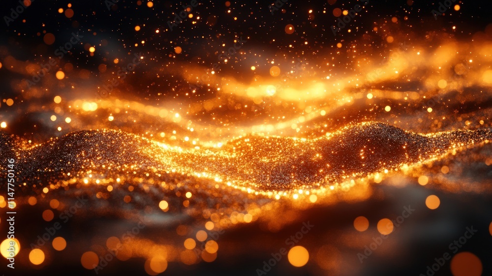 Naklejka premium Golden glitter waves, sparkling lights, dark background.