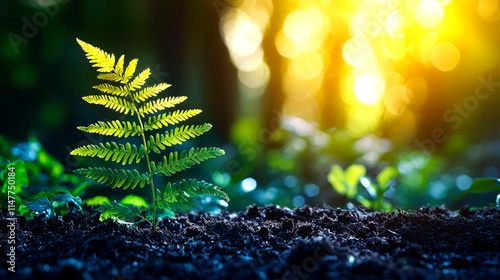 Young fern sprout growing in rich soil at sunset. photo