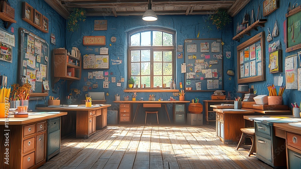 Cozy school classroom interior with desks, bulletin board, and sunlight. Cozy school classroom interior with desks, bulletin board, and sunlight.