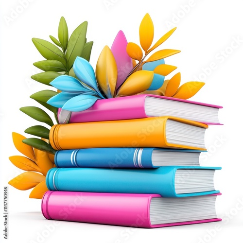 Colorful stacked books adorned with vibrant leaves and flowers, symbolizing knowledge and nature. photo